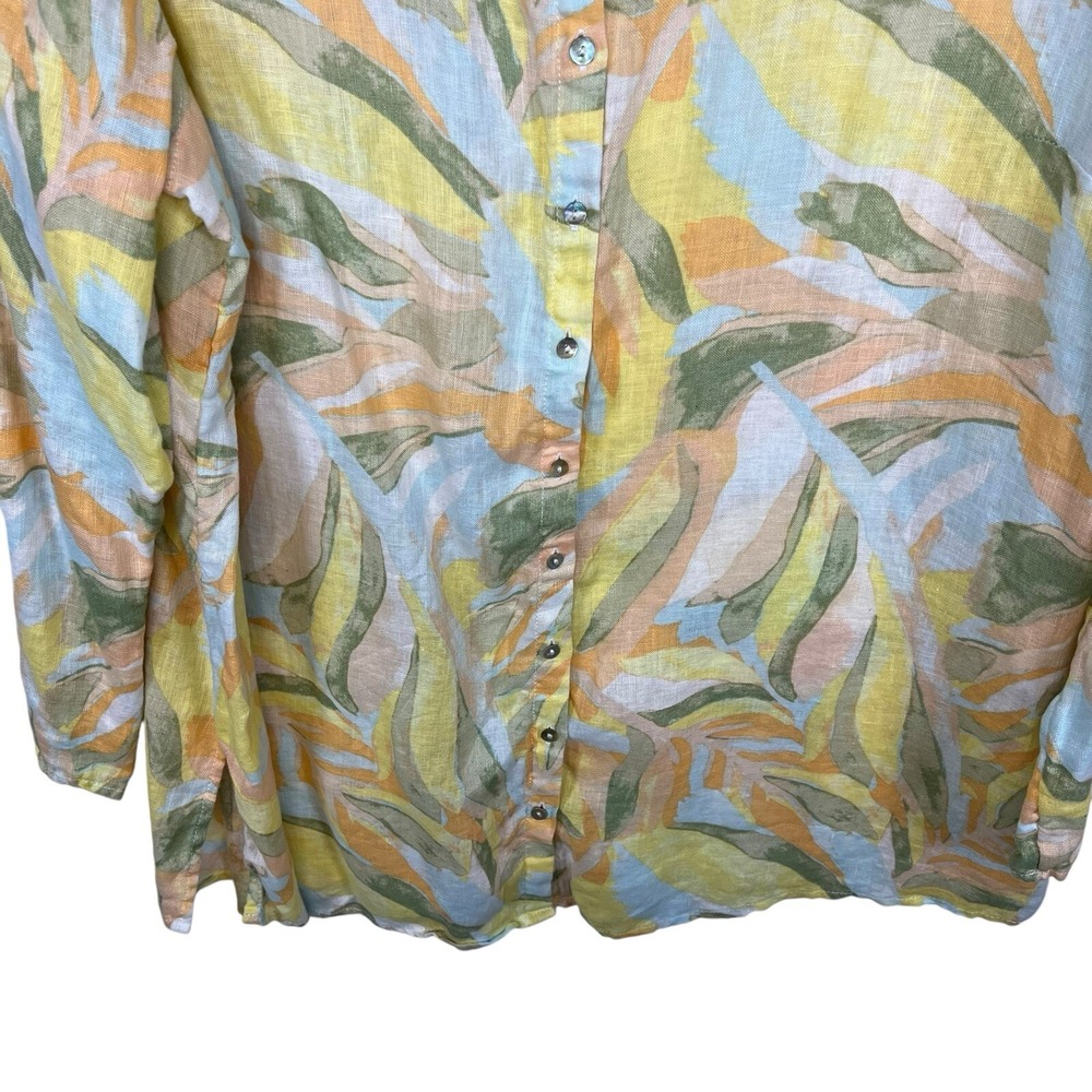 Rachel Zoe 100% Linen Tunic Top Womens 1X Pastel Tropical Roll Tab Sleeve Blouse - Picture 3 of 8